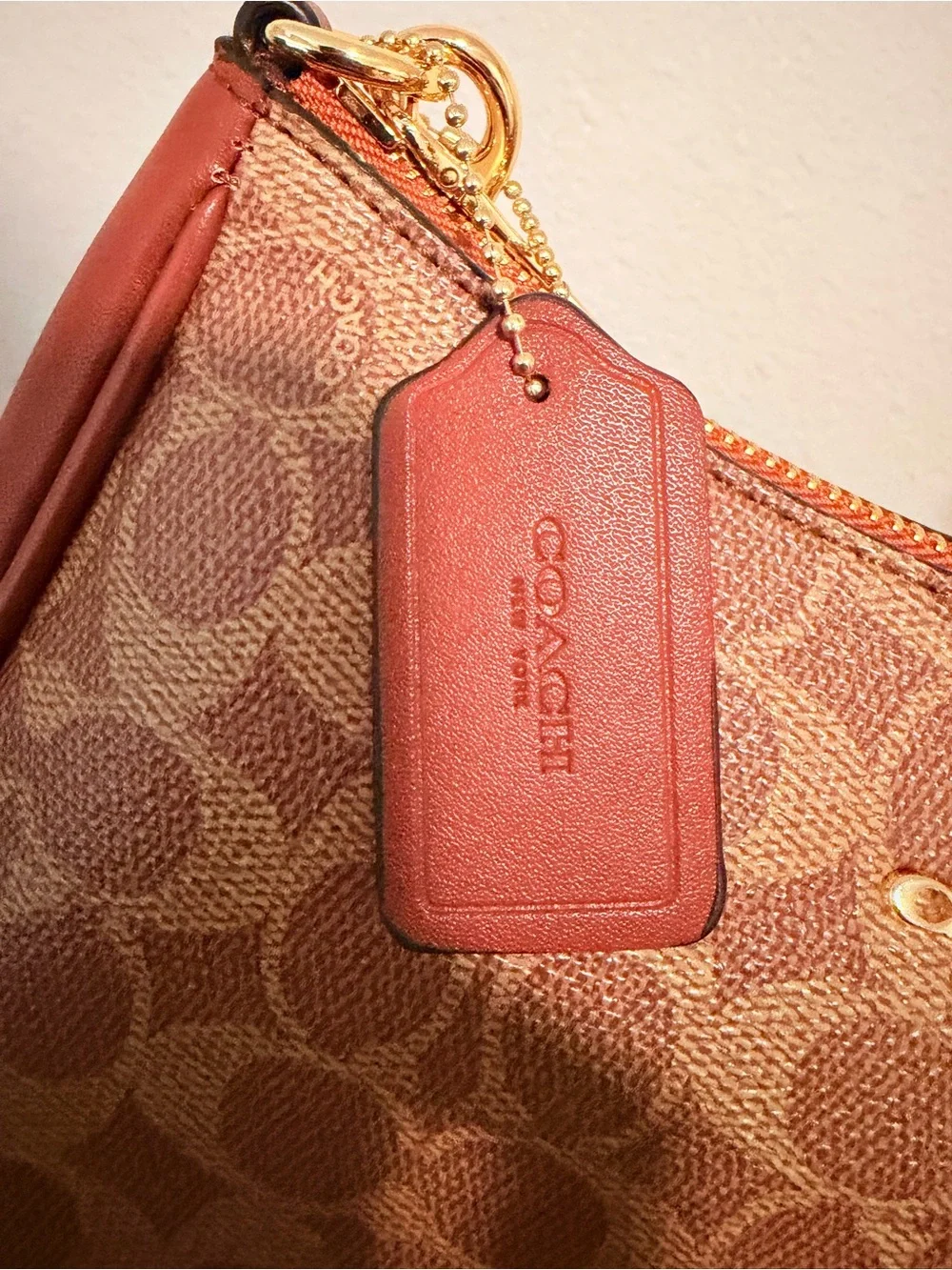 Coach Tan Signature Canvas Shoulder Pouch with Coral Trim